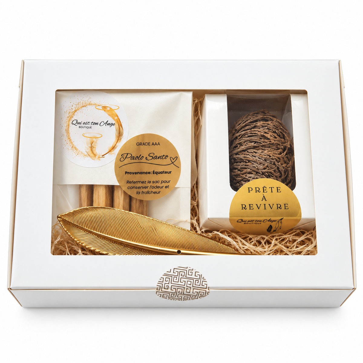 Coffret spirituel fermé, avec fenêtre montrant les produits et un crayon plume doré.