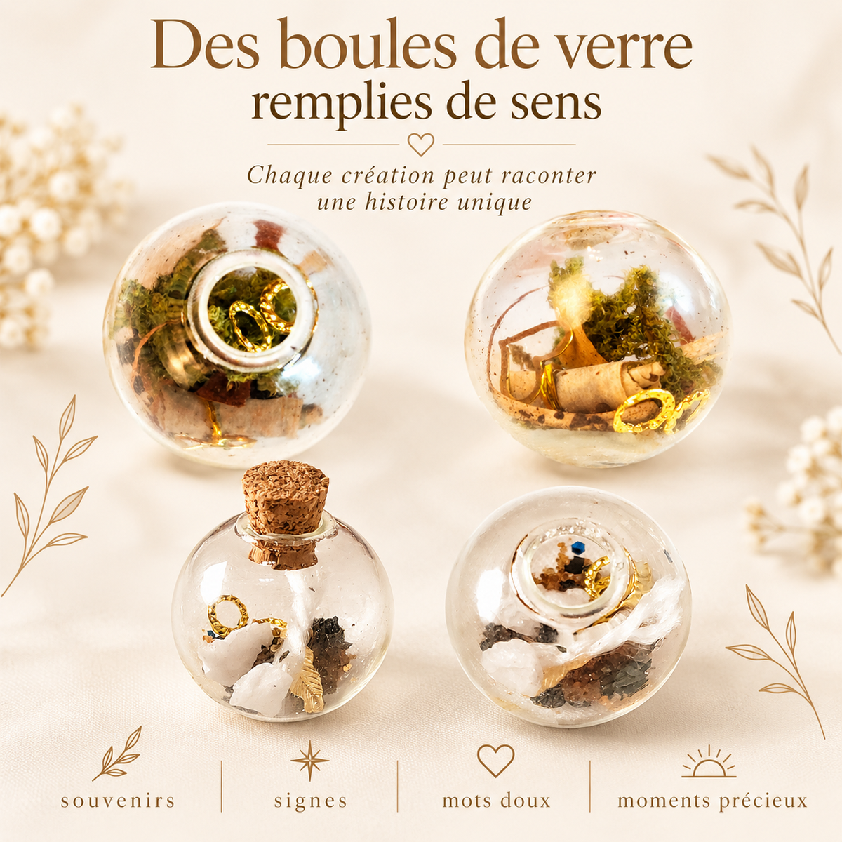 Exemples de boules de verre personnalisées contenant de petits souvenirs et accessoires symboliques.