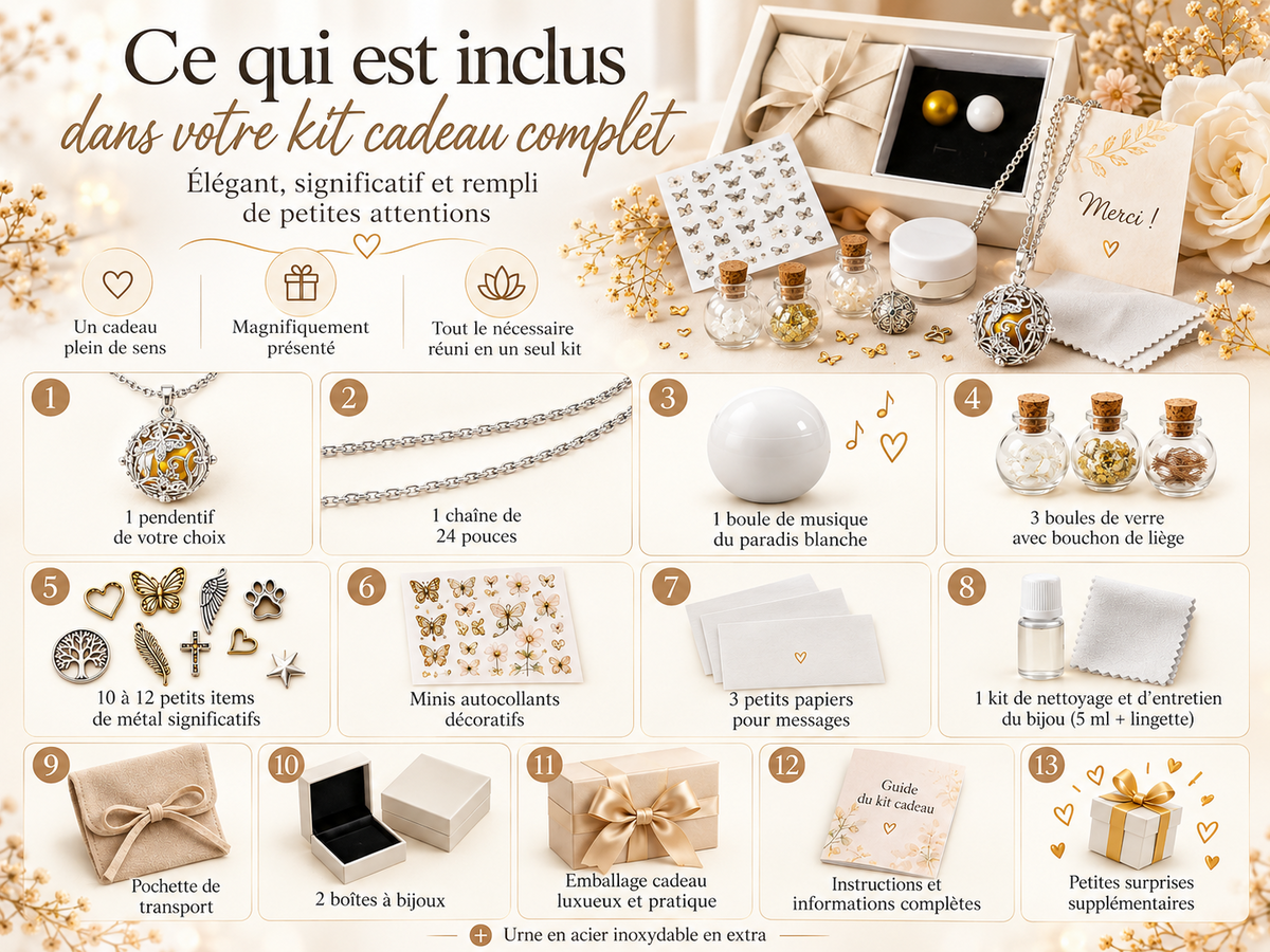 Présentation illustrée des éléments du coffret cadeau à 88 $.