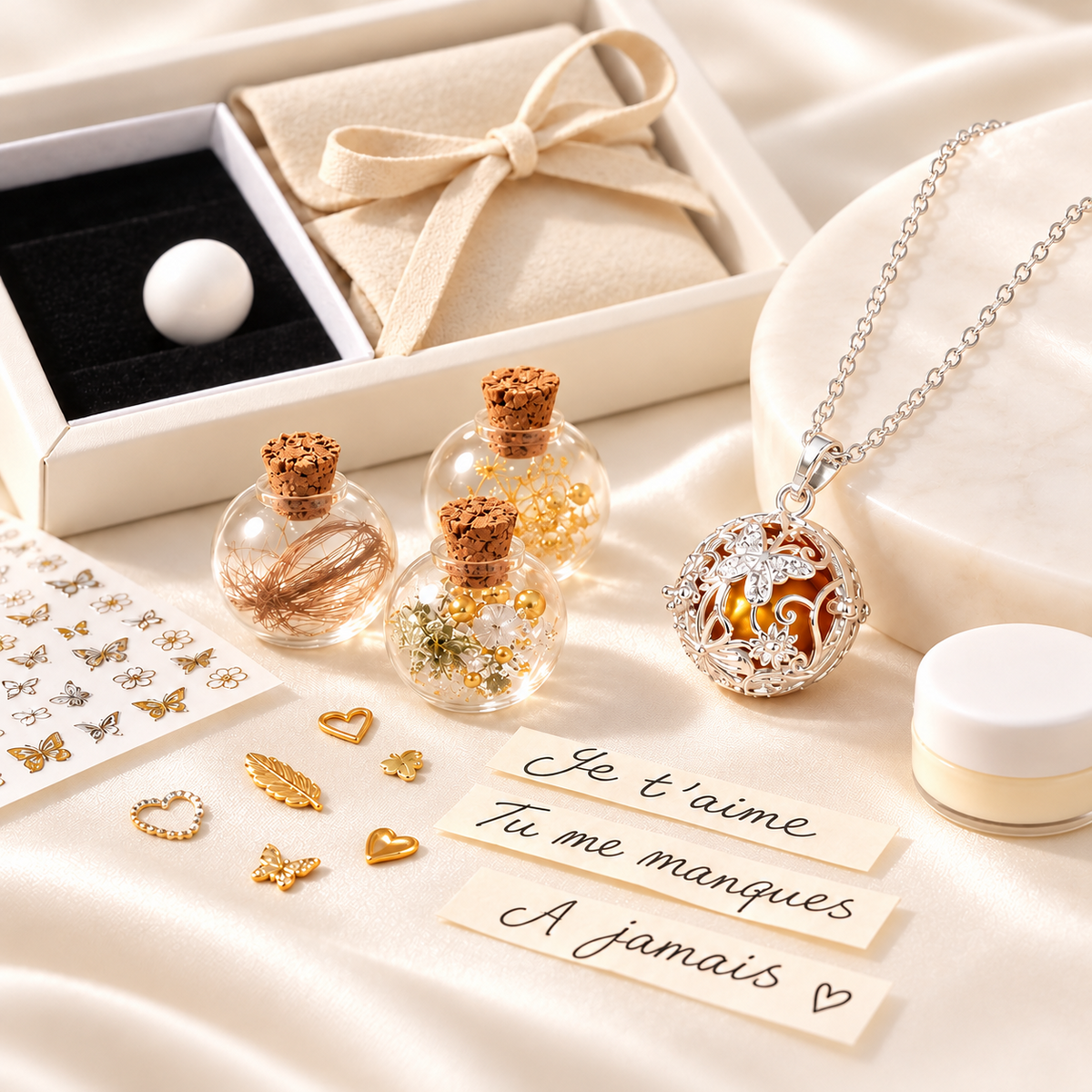 Présentation d'un coffret cadeau et d'exemples de personnalisation d'un pendentif.