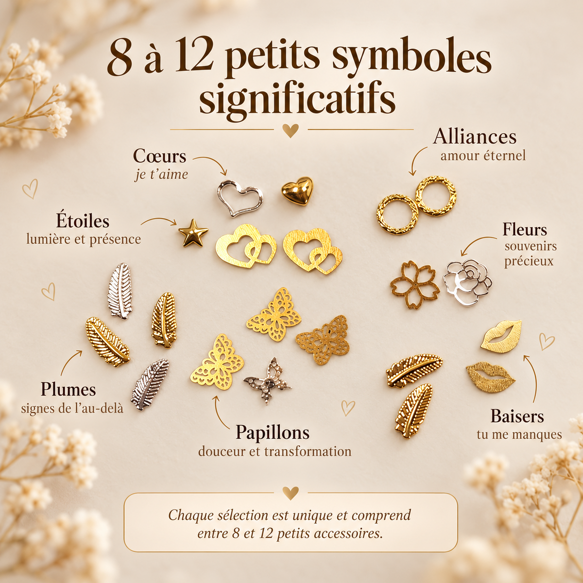Guide illustré des petits accessoires symboliques : cœurs, alliances, étoiles, fleurs, plumes, papillons et baisers.