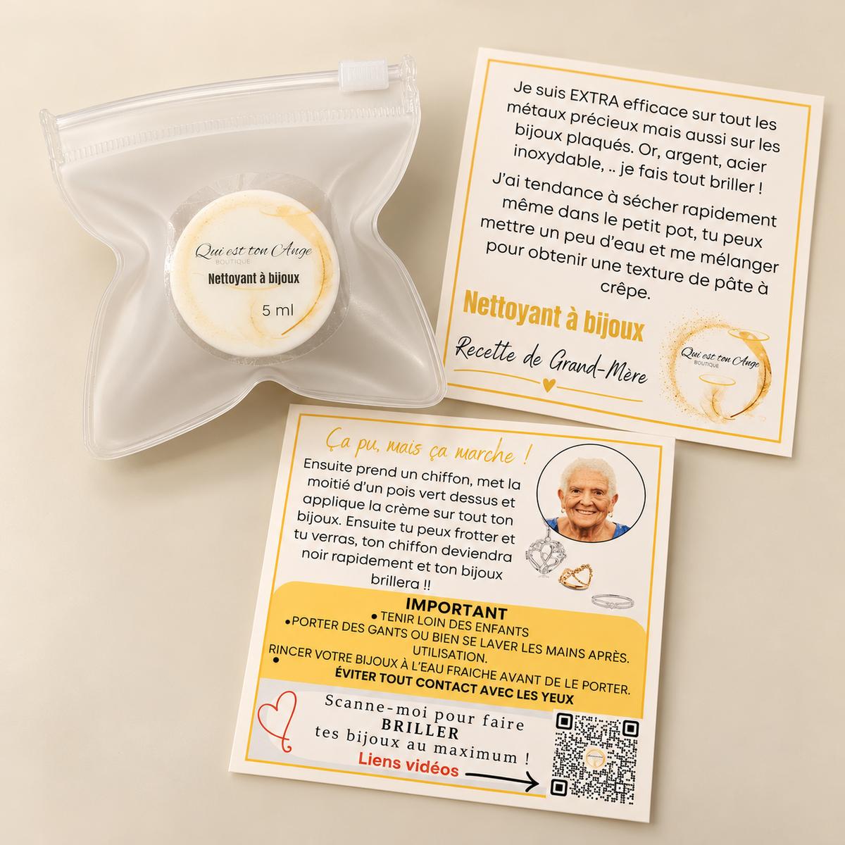 Nettoyant à bijoux Recette de Grand-Mère, pot de 5 ml dans une pochette transparente, accompagné de ses cartes explicatives.